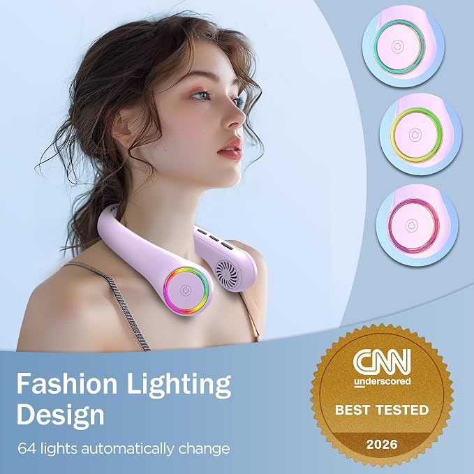 GULAKI Portable Neck Fan, Personal Fan with 4000mAh Battery, Rechargeable Neck Fan with 3 Speeds and 64 Cool Lights, Birthday Gifts for Men Women Mom Dad, Hands Free Cooling fan for Summer(Purple)