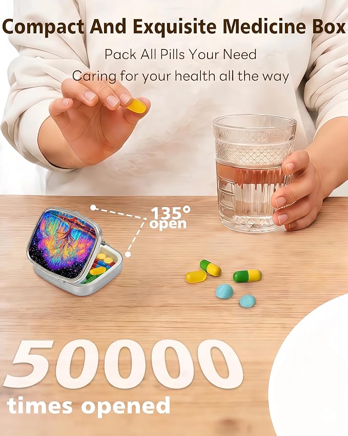 LRITER Pill Case, 2 Compartment Portable Small Travel Pill Organizer for Purse and Pocket, Stylish Medicine Case with Multiple Patterns, Daily Pillbox for Home & Travel (Dream Tree)