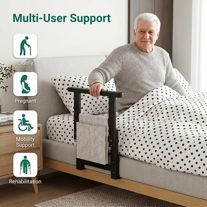 Bamboo Bed Assist Rail for Seniors Adjustable Grab Bar 300lbs Black | Non-Slip Handle, Storage Pocket, Fits 4–12 inch Mattresses, Fits Twin, Full, Queen & King Beds