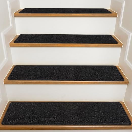 Stair Treads for Wooden Steps Indoor, 15 Pack 9" X 36" Non Slip Carpet Stair Treads with Reusable Adhesive for Kids Elders and Dogs, Surface Polyester TPR Backing Stair Runner Rugs, Black