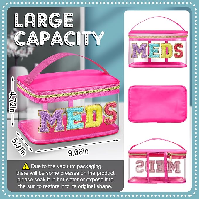 Geetery Meds Travel Bag for Women & Teen Girls, Chenille Letter Nylon Cosmetic & Medicine Organizer Case with Zipper, Portable Toiletry Storage, Cheerleader Gift