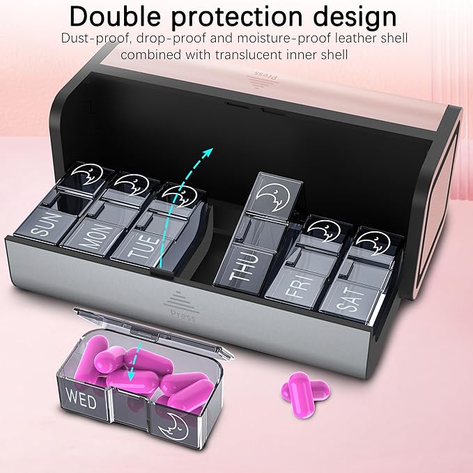 Pill Organizer, Weekly 2 Times a Day for 7 Day Leather Medicine Box Travel Container, Removable Am Pm Vitamin Case, Twice Daily Privacy Pill Holder, Portable Pillbox (Silver and Pink)