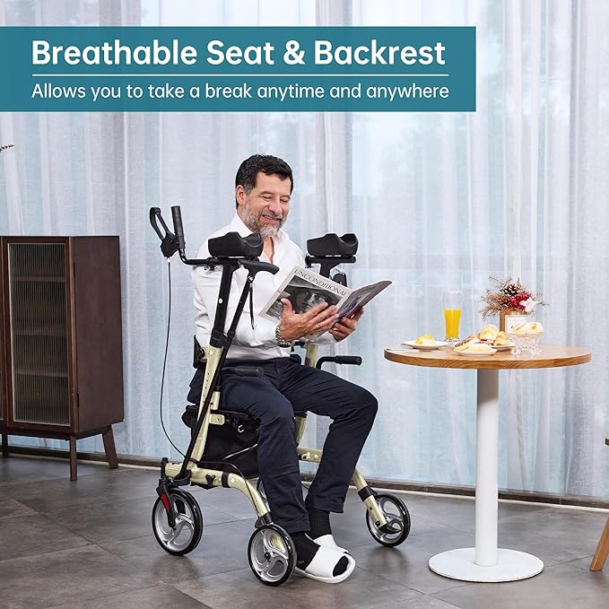 ELENKER Upright Walker, Stand Up Folding Rollator Walker Back Erect Rolling Mobility Walking Aid with Seat, Padded Armrests for Seniors and Adults, Champagne