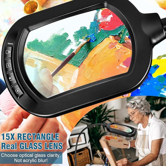 Large Magnifying Glass with Light and Stand, 15X Rectangle Optical Real Glass Lens, Height Adjustable Gooseneck Magnifier Floor Lamp, 5 Color Modes LED Dimmable Lighted Hands Free for Close Work Craft