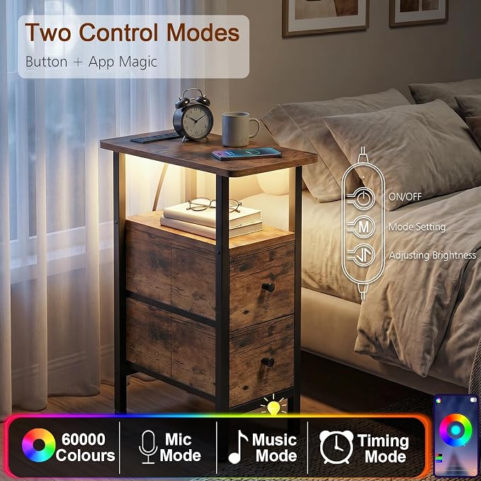 Narrow End Table with Charging Station, Small Nightstand | Skinny Side Tables Living Room with 2 Fabric Drawers, Slim Bedside Table with LED Lights for Bedroom, Small Spaces, Brown