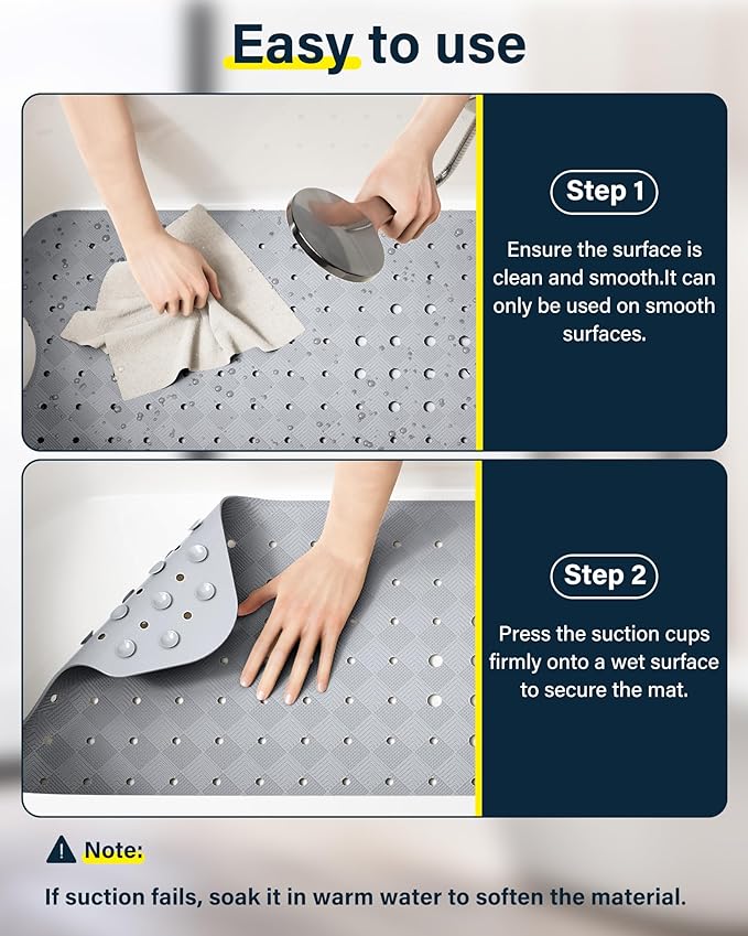 Non Slip Bathtub Mat for Tub & Shower, Machine Washable 40"x16" Anti Slip Bath Mat with 2 Hooks, Soft & Comfortable and Extra Large for Families, Grey