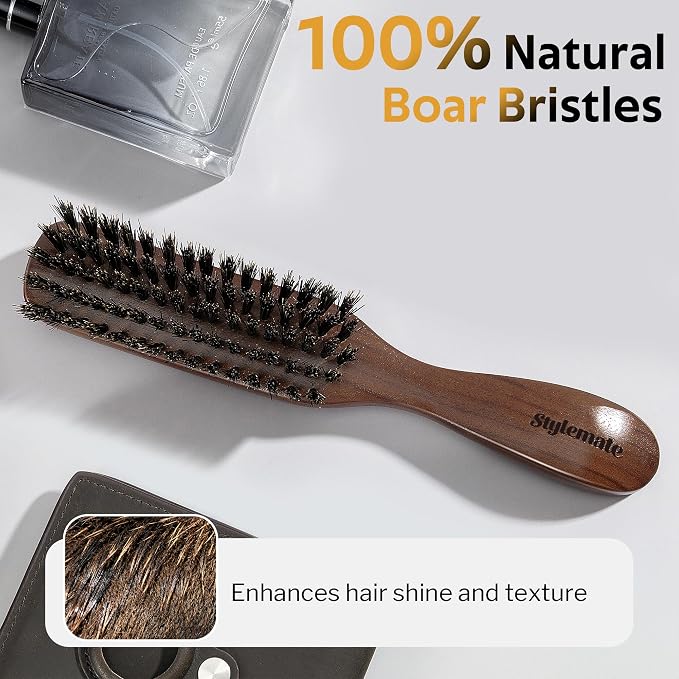 STYLEMATE Mens Boar Bristle Hair Brush Comb Set, Slick Back Mens Hair Brush with Stiff Bristles for Fine Hair, Beard Brush with Natural Black Walnut Wooden Gold Sandalwood Handle