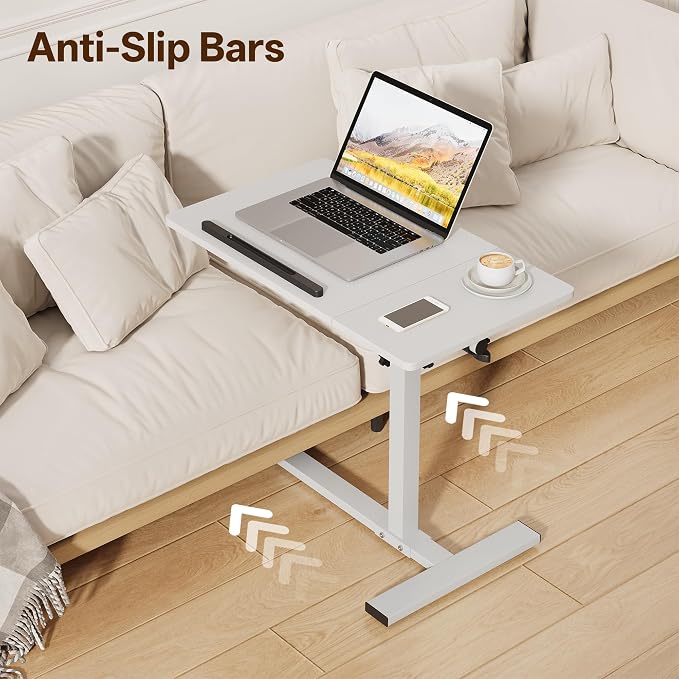 Overbed Table with Wheels Rolling, Adjustable Mobile Bedside Desk | Flip-Top, Laptop Table, C Shaped End Side Table for Couch, Sofa, Bed, Recliner and Home Use, Large White