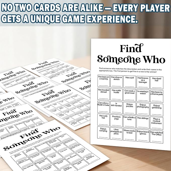 Team Building Games for Work Adults – Find Someone Who Bingo Game, 25 Unique Human Bingo Cards 5x7 Inch, Ice Breaker & Office Games for Parties, Meetings & Events - A05