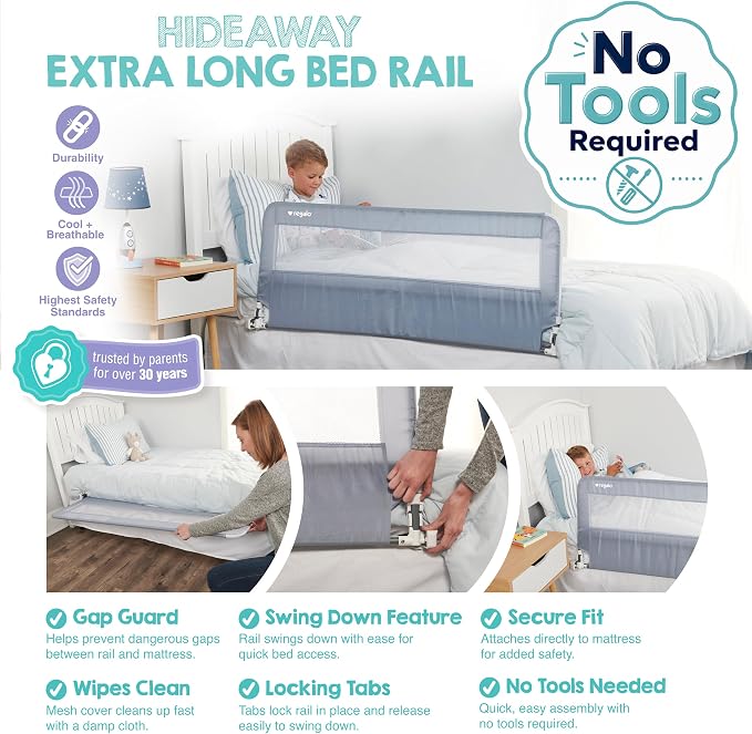 Regalo Safety 54” Extra Long Hideaway Bed Rail Guard for Toddlers, Toddler Bed Rail with Reinforced Anchor Safety System, 20” Tall Bed Safety Rail, Fits Twin, Full & Queen Beds, Gray