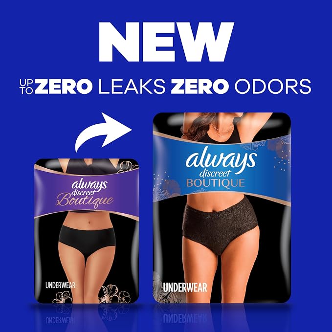 Always Discreet Boutique Incontinence and Postpartum Underwear for Women, Maximum Protection, Large, Black, 18 Count (Pack of 2)