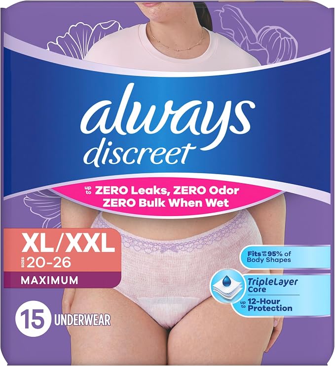 Always Discreet Adult Diapers for Women, Incontinence Underwear, Postpartum Essentials, Disposable Briefs, Max Absorbency, Bladder Leak Protection, Extra Large/XL, 15ct