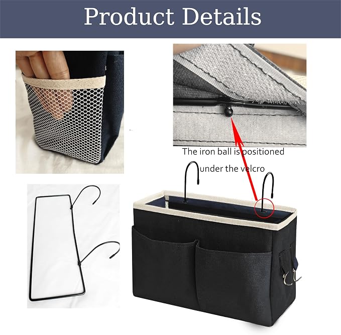 Bedside Caddy Bedside Hanging Storage Basket Multi-Function Organizer Caddy for Bunk and Hospital Beds Dorm Rooms Bed Rails, Can be Placed Glasses Books Mobile Phones（Black）