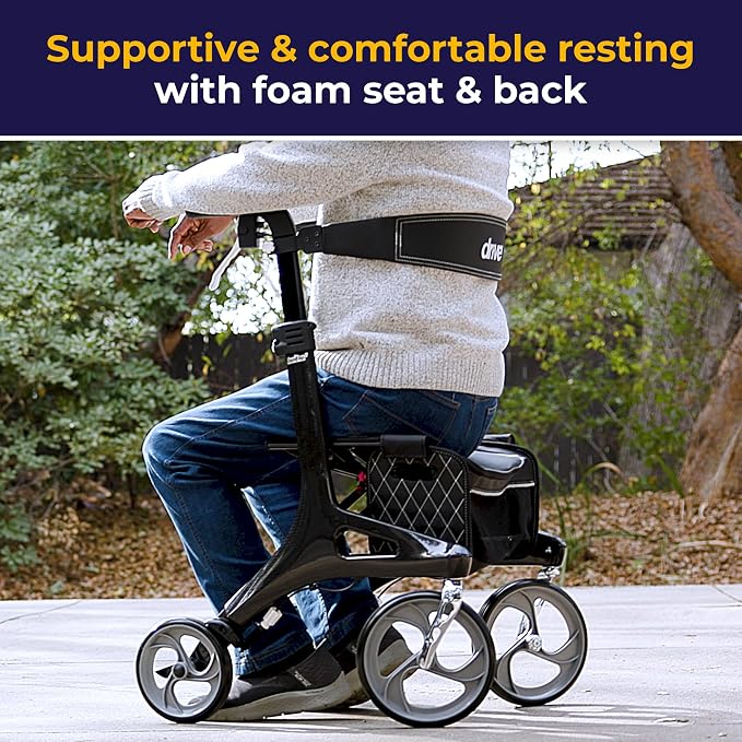 Drive Medical RTL10266CF Nitro Elite CF Rollator Walker with Seat, Black | Foldable Rollator Walker with Seat Offers Lightweight, Convenient Mobility Support for Everyday Use Daily