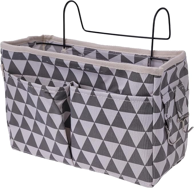 Bedside Caddy Organizer Hanging Storage Basket with Large Pockets & Hooks, Heavy-Duty Canvas Bedside Organizer for Bunk Beds, Dorm Rooms, Hospital Beds & Small Spaces (Gray Triangle Pattern)