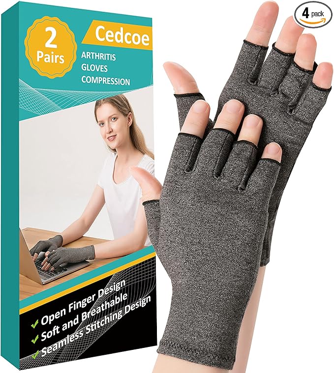 2 Pairs Arthritis Gloves Fingerless Compression Gloves for Relieve Hand Pain, Rheumatoid, Osteoarthritis, Tendonitis, Carpal Tunnel for Women and Men to Daily Work (Gray, Medium)