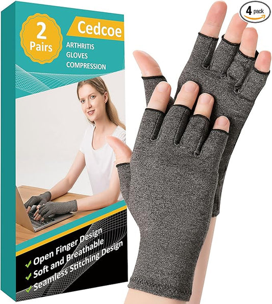 2 Pairs Arthritis Gloves Fingerless Compression Gloves for Relieve Hand Pain, Rheumatoid, Osteoarthritis, Tendonitis, Carpal Tunnel for Women and Men to Daily Work (Gray, Medium)