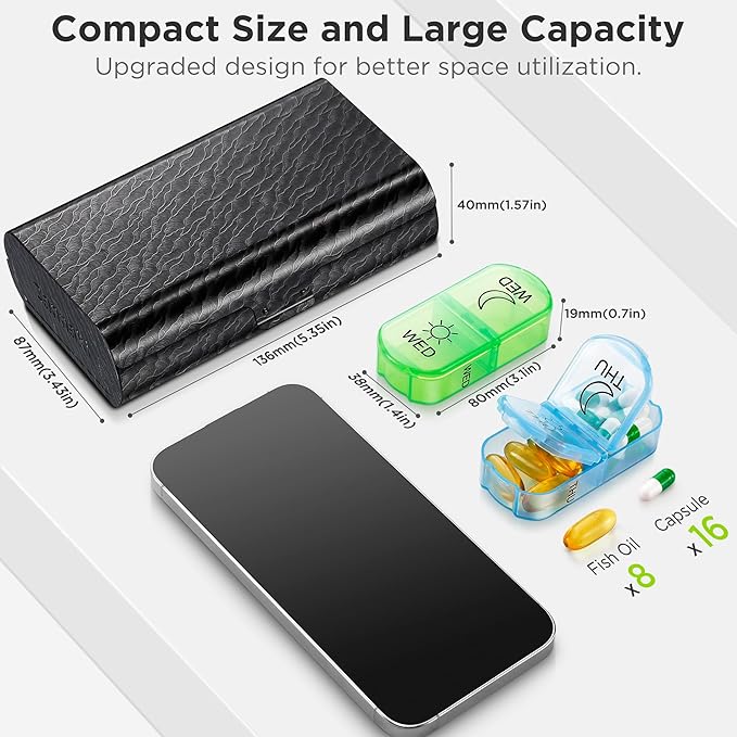 Zannaki Metal XL Weekly Pill Organizer 2 Times a Day, Large Travel Daily Pill Box 7 Day, Portable Week Twice Pill Holder Container, AM PM Pill Case for Medicine Vitamin Medication Supplement, Black
