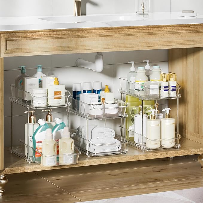 Delamu 2-Tier Under Sink Organizers and Storage, Multi-Purpose Stackable Bathroom Cabinet Organizers, Pull Out Kitchen Pantry Organization and Storage with Dividers(3 Pack, Clear)