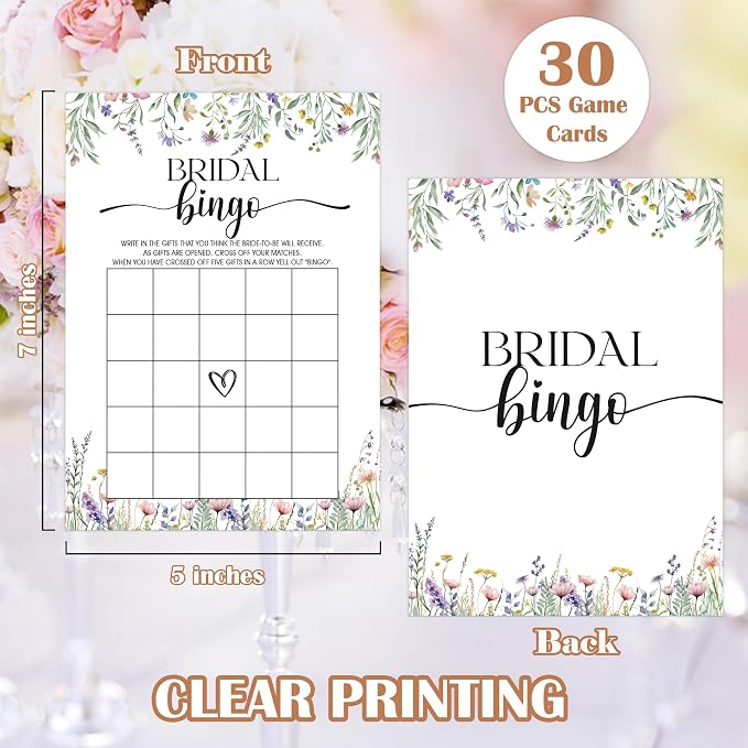 Wildflower Bridal Shower Games, Boho Flowers Bridal Shower Bingo Game with Blank Squares for 30 Guests with Game Cards, Bridal Shower Decor, Wedding Decorations Supplies (30)