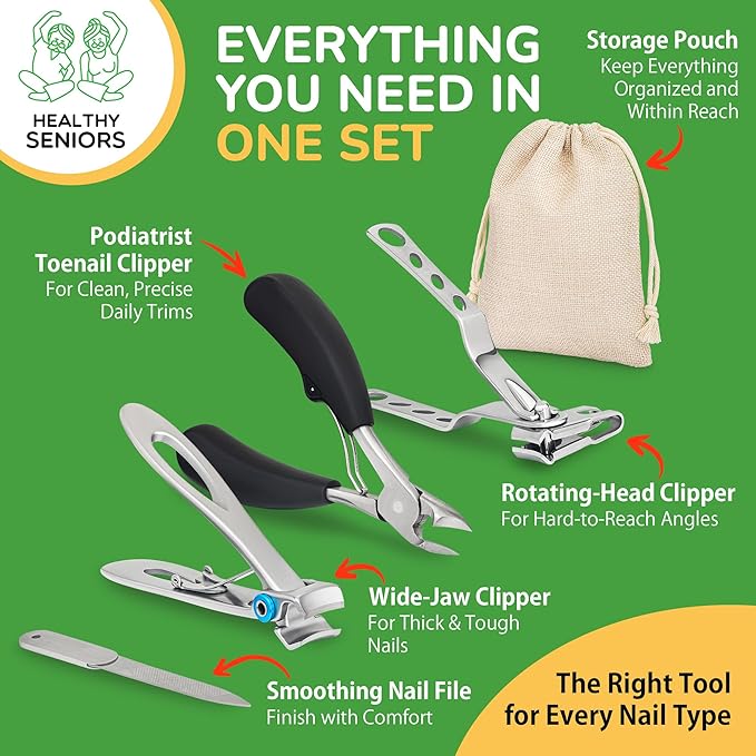 Toenail Clippers for Seniors Thick Toenails - 4-Piece Heavy Duty Nail Clipper Set with Podiatrist Grade Tools, Wide Jaw and Rotating Head Clippers for Elderly Adults