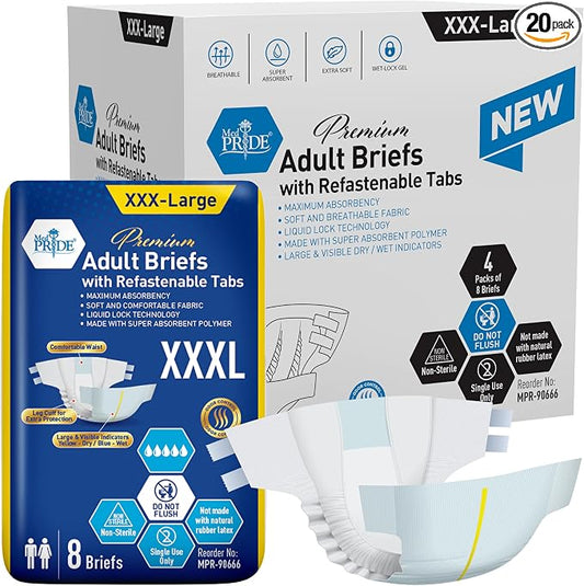 MED PRIDE Maximum Absorbency Adult Briefs for Incontinence with Refastenable Tabs - Ultra-Absorbent Adult Diapers for Men & Women- Bladder Control Unisex Disposable Underwear (XXX-Large - Case of 32)