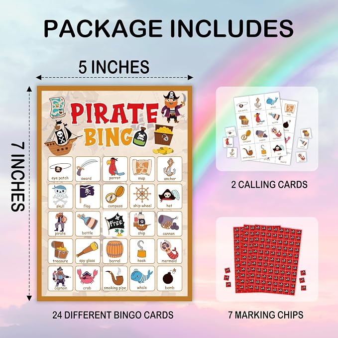 Pirate Party Bingo Card, Pirate Ship Adventures Bingo Game for Adults Family Friends, Pirate Party Favors Decorations, Pirate Bingo Kit for Birthday Party, Holiday Games for 24 Players -06