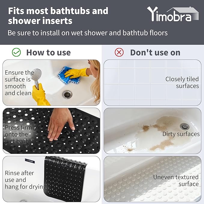 Yimobra Non Slip Bathtub Mat 40 x 16 Inch, Extra Long Shower Mat with Drain Holes, Machine Washable Baby Bath Mats, Strong Suction Cups for Bathroom Floor, Black
