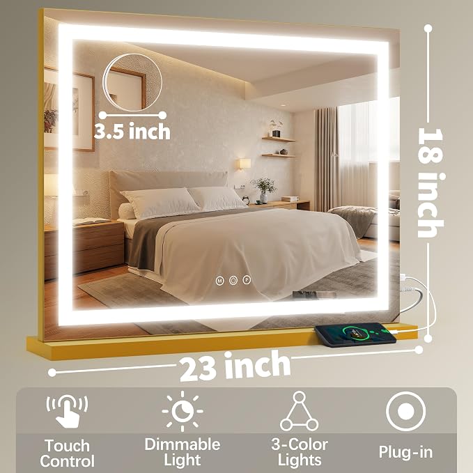 FENNIO 23" x 18" Vanity Mirror with Lights，LED Makeup Mirror，Hollywood Mirror with 3 Color Modes & Adjustable Brightness，Vanity Mirror Square Gold