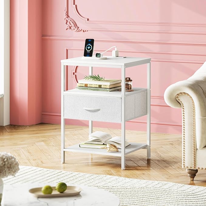 SUPERJARE Nightstand with Charging Station, USB-C Port, Bedside Table | 27.7 Inch Tall Nightstand with Adjustable Fabric Drawer, Large Dresser for Bedroom, Living Room, White