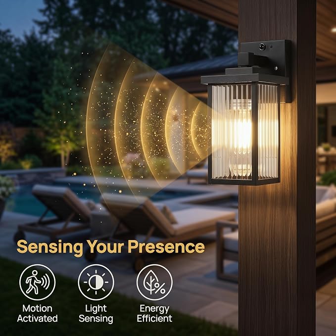 Motion Sensor Porch Light, Dusk to Dawn Outdoor Wall Light, Black | 2 Modes, 220° Motion Detection, Auto On and Off, Anti-Rust Metal Frame, Pre-Assembled DIY Install on Porch, Garage