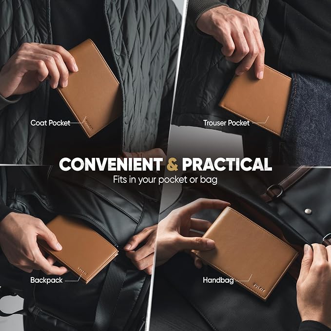 VULKIT Bilfold Passport Holder Leather RFID Blocking Passport Wallet with Hidden Pocket Slim Travel Documents Organizer for Men or Women (Passport, Card, Cash, Coin, SIM Card, Ticket)
