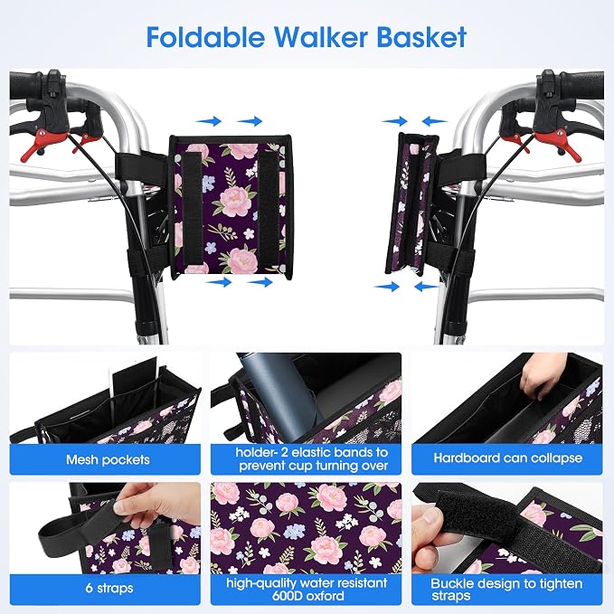 Dotday Upgraded Walker Basket with Cup Holder, Foldable Walker Bag | Basket for Walker for Senior, Walker Accessories for Folding Walker, Large Capacity, Never Tipping Over, Not Fit for Rollator