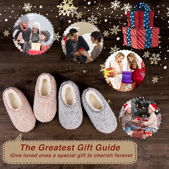 cosyone1997 2-Pair Thick Warm Fuzzy Slippers for Women Indoor Fluffy Sherpa Lined, Winter House Shoe Socks Non-Slip Soft Soles, Cozy Christmas Gifts