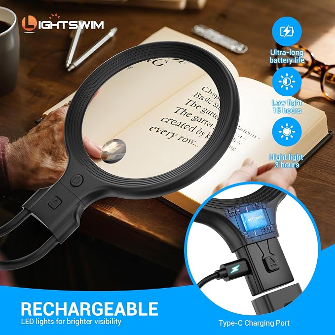 Neck Wear Magnifying Glass with Light for Close Work, 5.5 Inch 5X Handheld Lighted Magnifier for Reading Books, Included 2PCS Upgrade 10X Small Magnify Glasses with Protective Sheath