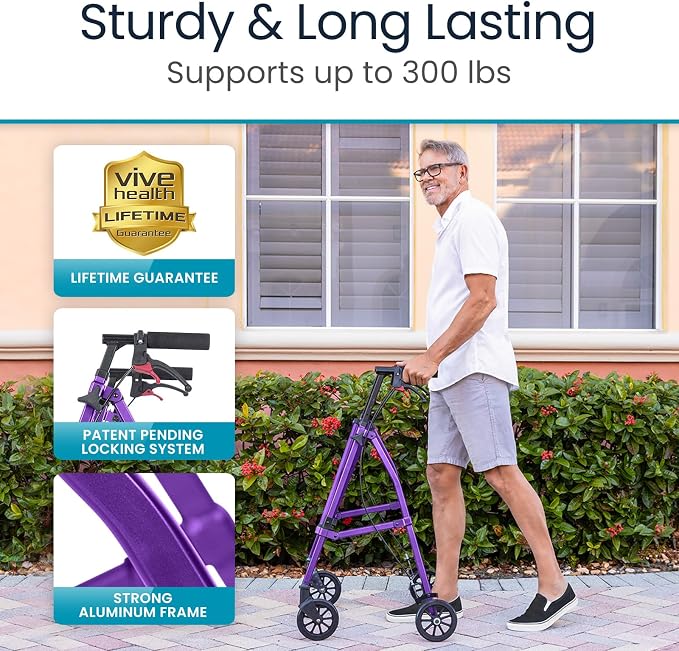 Vive Mobility Lightweight Walker for Seniors - Narrow, Folding Walker | W/Wheels for Small & Tight Spaces - Light Weight for Balance, Compact Doorways, Foldable - Portable & Collapsible for Travel