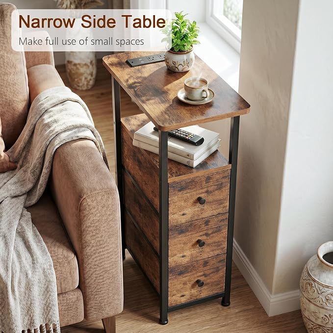 Narrow End Table with Charging Station, Small Nightstand | Skinny Side Tables Living Room with 3 Fabric Drawers, Slim Bedside Table for Bedroom, Small Spaces, Couch, Brown