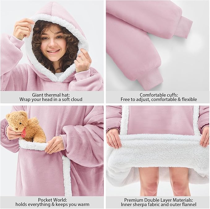 JOYWOO Purple Wearable Blanket Hoodie,Oversized Cat Lovers Sweatshirt Blanket for Adult, Birthday Gifts for Women,Mom,Wife,Cozy Fuzzy Hooded Blanket Giant Pocket and Winter Gifts,Purple Standard