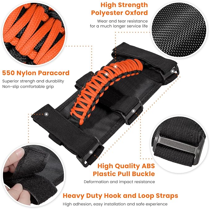4 x Roll Bar Grab Handles Grip Handle for Jeep Wrangler JK JKU JL JLU TJ YJ Sports Sahara Freedom Rubicon Unlimited Gladiator JT 1955-2023 UTV ATV Premium 550 Paracord Interior Accessories (Orange)