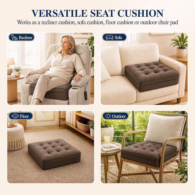 Allaboutsla Recliner Seat Cushion, 20x20x5 Lift Chair Cushion for Elderly | Comfy Dual-Layer Recliner Cushion Adds Height, Thick Recliner Cushion for Long Sitting, Non-Slip Chair Pad for Recliner Brown