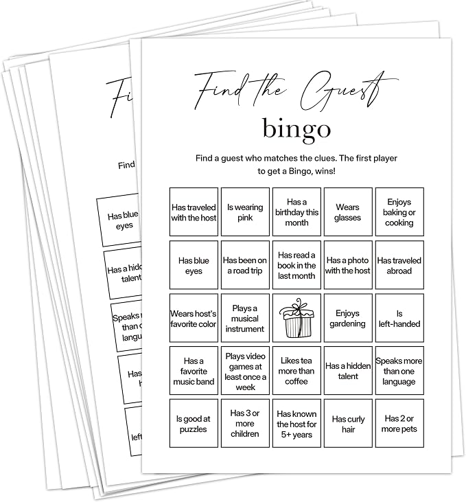 Find The Guest Bingo Cards – 25 Unique Cards, Icebreaker Party Games for Adults, Rustic White Mingle Activity for Birthday Parties, Family Reunions, Office Events & Friendsgiving