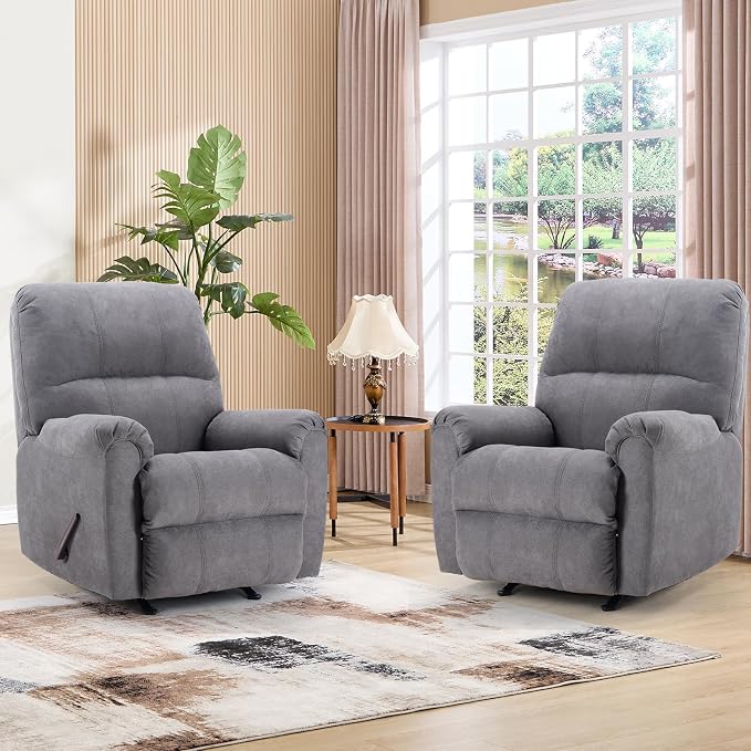 Rocker Recliner Chair for Adults Set of 2,Manual Recliner Chair with Overstuffed Backrest and Armrests, Soft Fabric Manual Rocking Reclining Sofa for Living Room,Grey