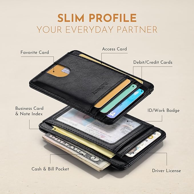 Buffway Slim Minimalist Front Pocket RFID Blocking Leather Wallets for Men and Women - Slate Black | Slim