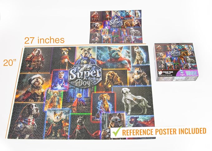 Adult Jigsaw Puzzle Superhero Dogs 1000 Piece | Colorful collage featuring French Bulldogs, Spaniels, and Corgis in superhero costumes — fun for kids and families too.