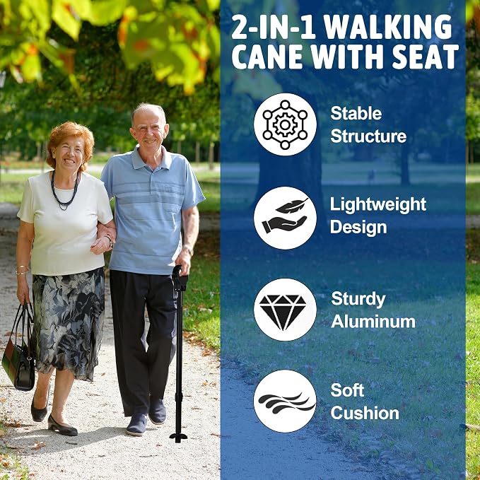 Walking Cane with Seat, Cane Chair with Cushion Folding Lightweight Portable Seat for Adults Seniors Camping Hiking Travelling