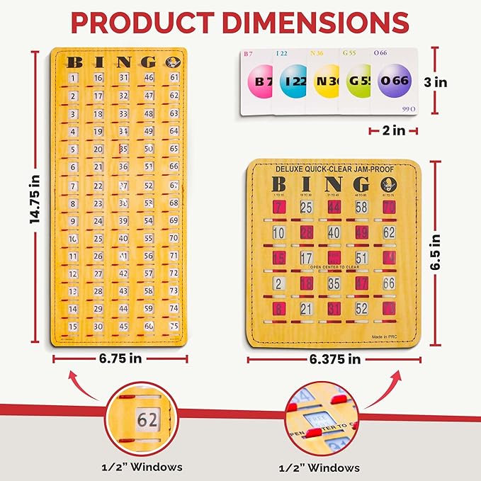 MR CHIPS Jam-Proof Bingo Cards with Sliding Windows, 25 Reusable Shutter Cards, 75 Calling Cards 1 Master Board in Woodgrain Style