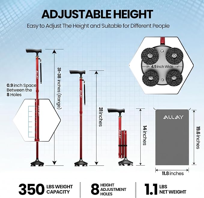 Allay Walking Canes for Men & Women - Adjustable Canes for Women for Stability, Self Standing Wide Quad Pivot Base, Light Weight, Soft Handle Grip and Travel Bag, Walking Sticks for Seniors