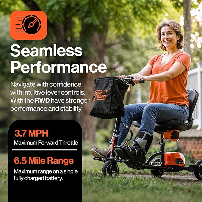 SuperHandy Passport Mobility Scooter for Adults - Foldable, 3 Wheel, Airline Travel Friendly - 6.5 Mile Range, 48V 2Ah Li-Ion Swappable Battery System (1 Li-Ion Battery)