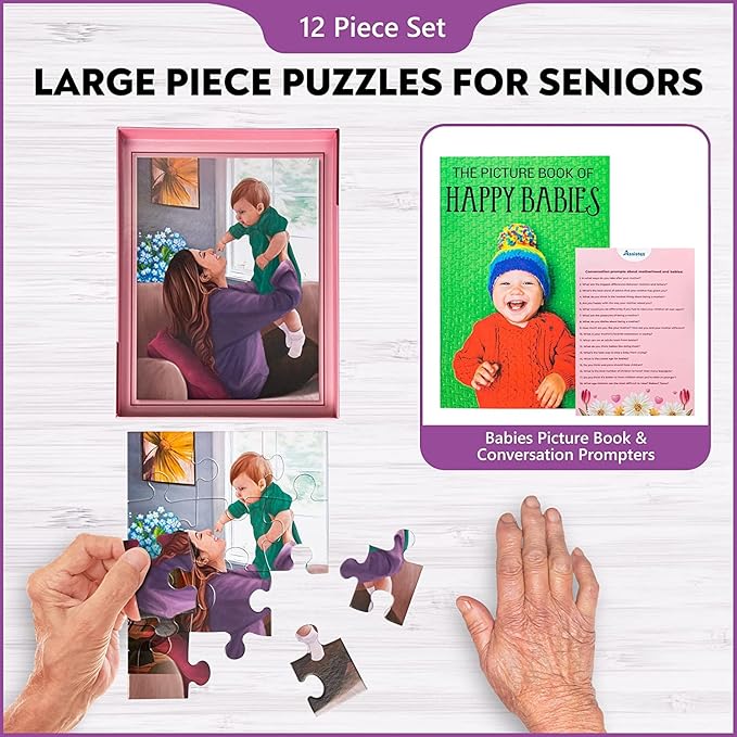 Assistex Large Piece Jigsaw Puzzle for Seniors with Dementia with Conversation Prompts, Large Piece Memory Game for Adults, Elderly, and Dementia Patients – Mother's Love Puzzle, 12 pcs