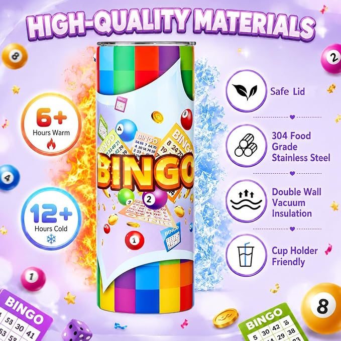 Geiserailie 2 Pack Bingo Tumbler Cups 20 oz Game Gifts Stainless Steel Tumbler with Lids Prizes for Seniors Mom Grandma Dad (Colorful)